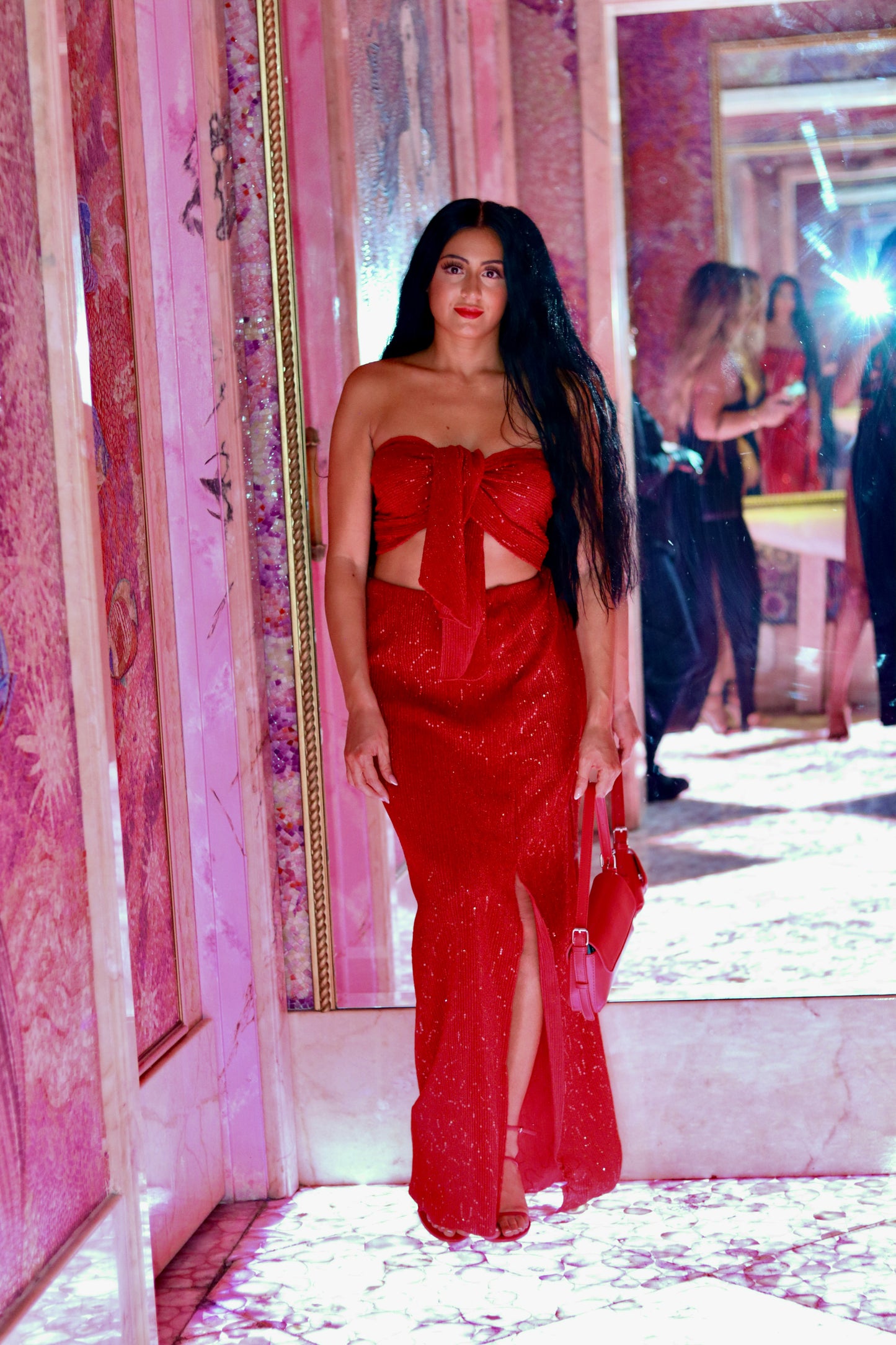Handmade Red Long Sequin Skirt With Slit