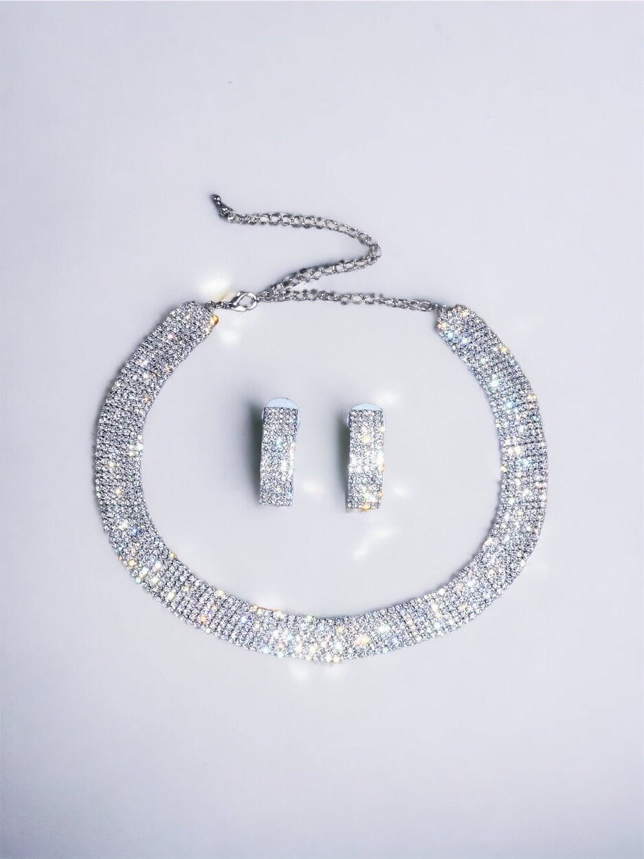 Silver Rhinestone Necklace & Earring Set