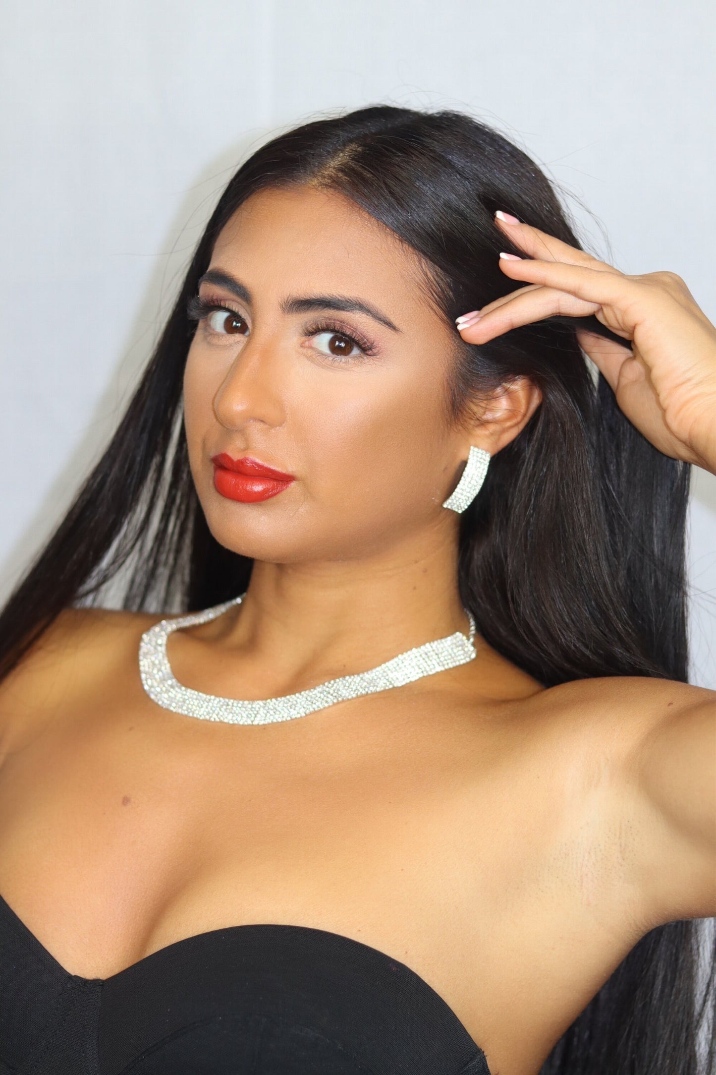 Silver Rhinestone Necklace & Earring Set