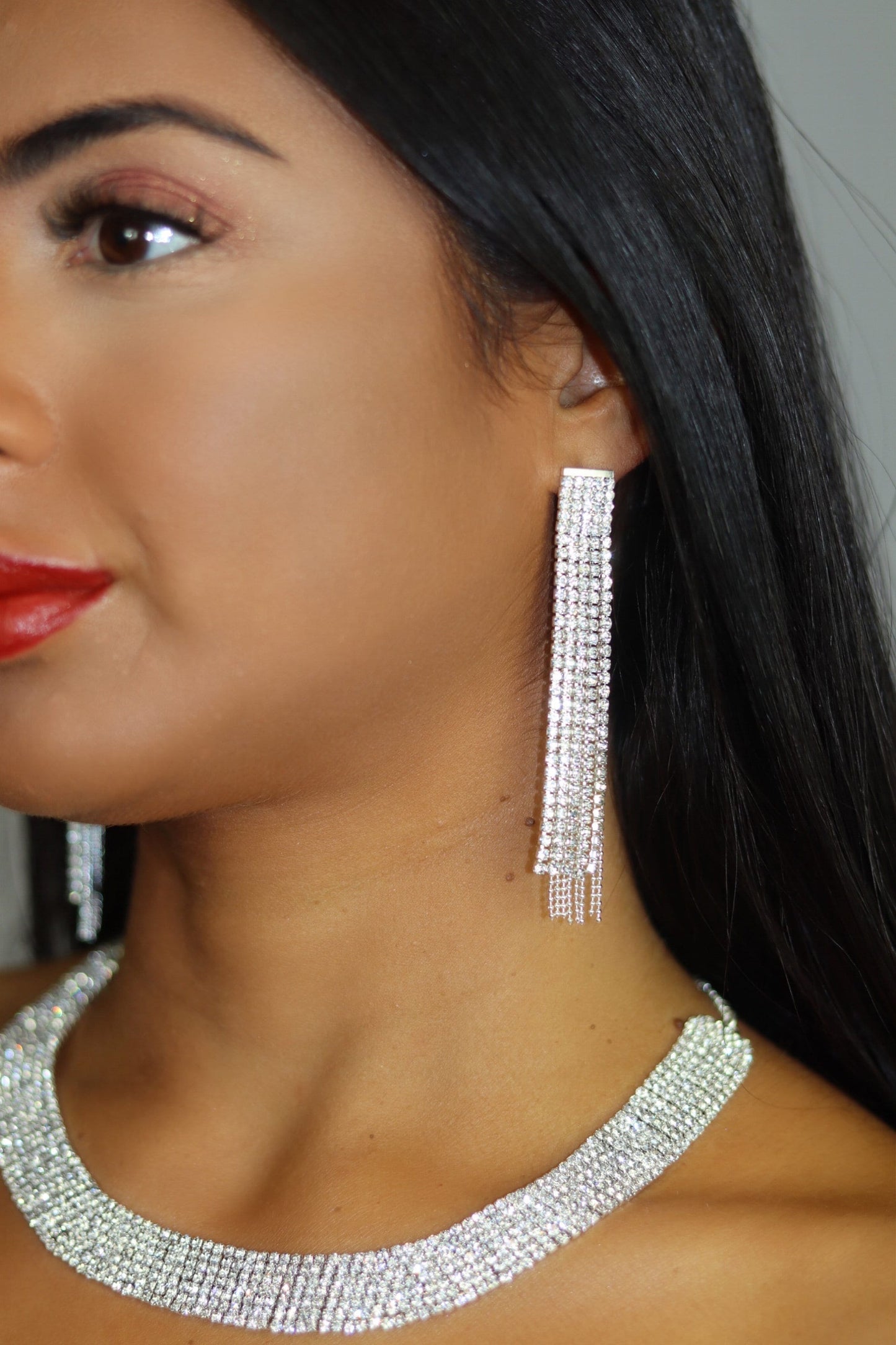 Silver Rhinestone Dangle Tassel Earrings