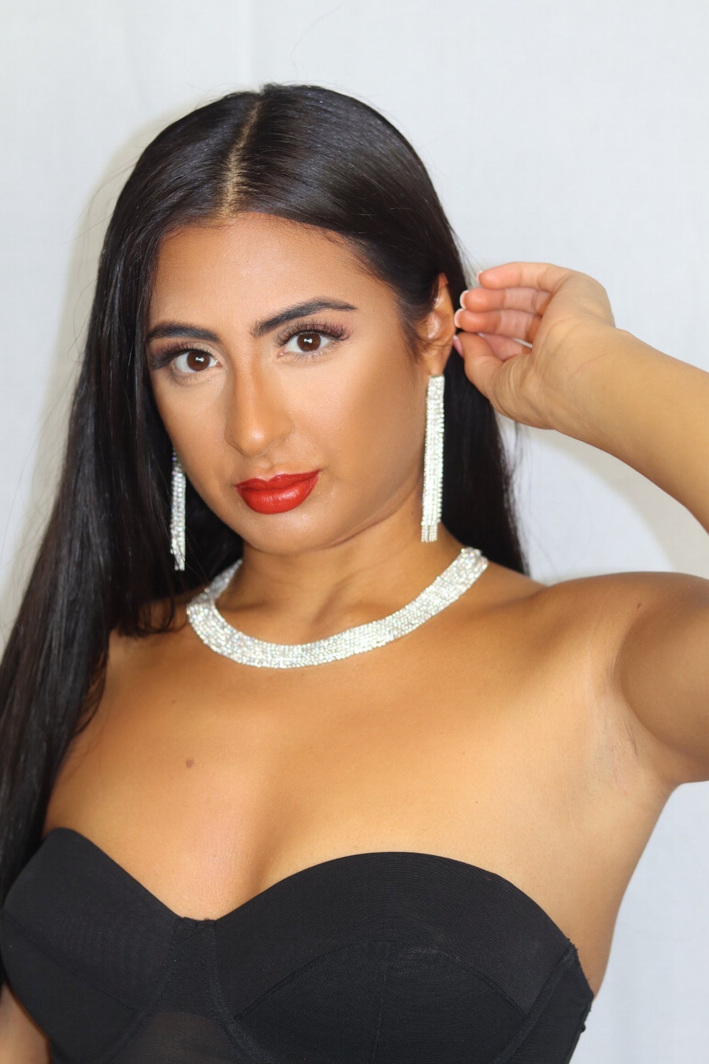 Silver Rhinestone Dangle Tassel Earrings