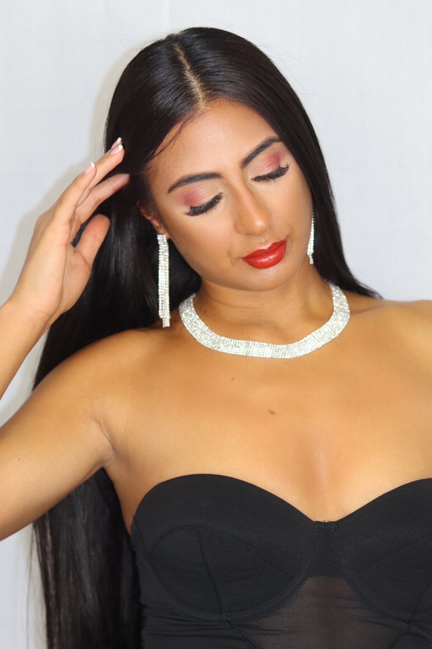 Silver Rhinestone Dangle Tassel Earrings