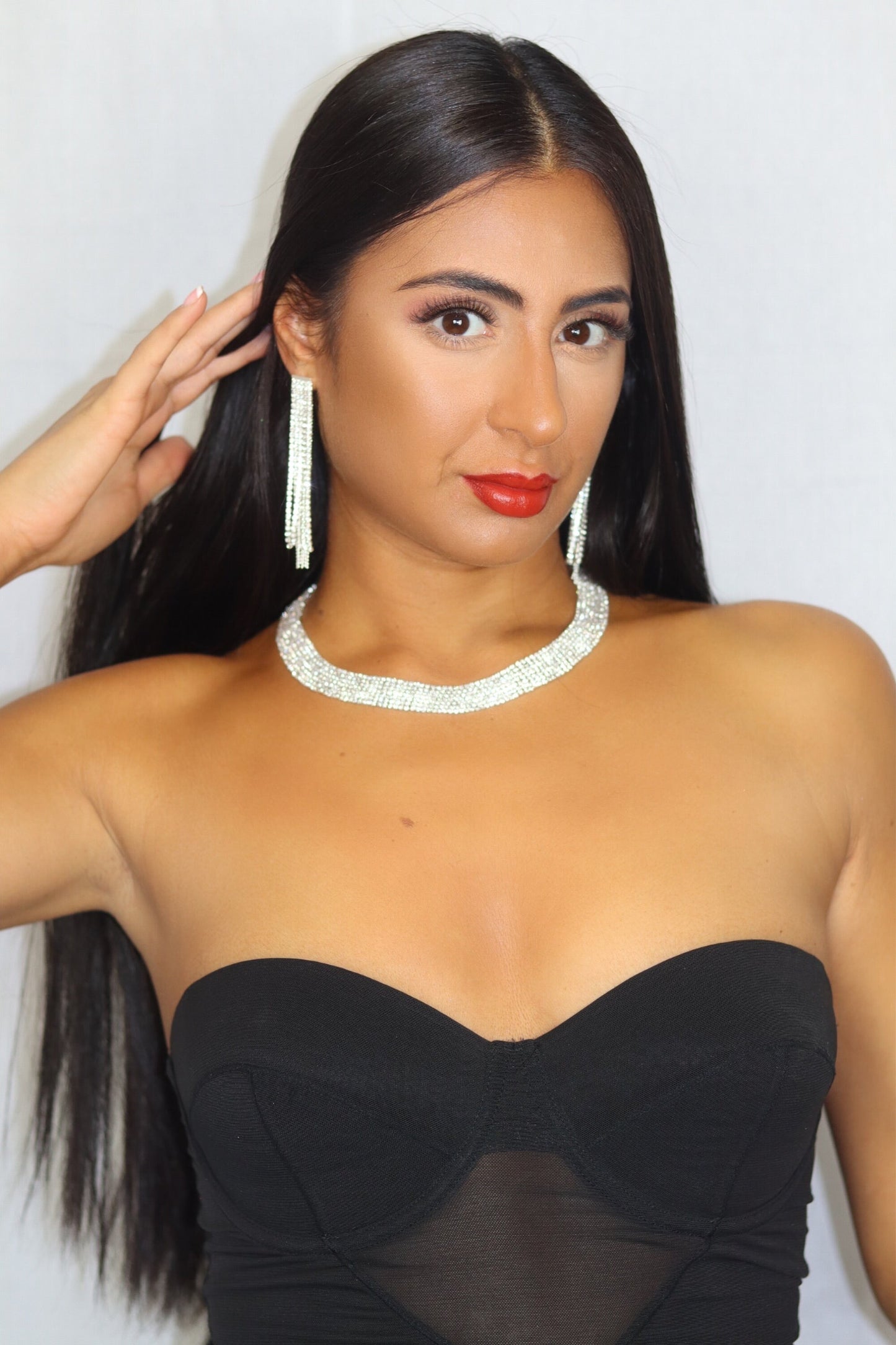 Silver Rhinestone Dangle Tassel Earrings