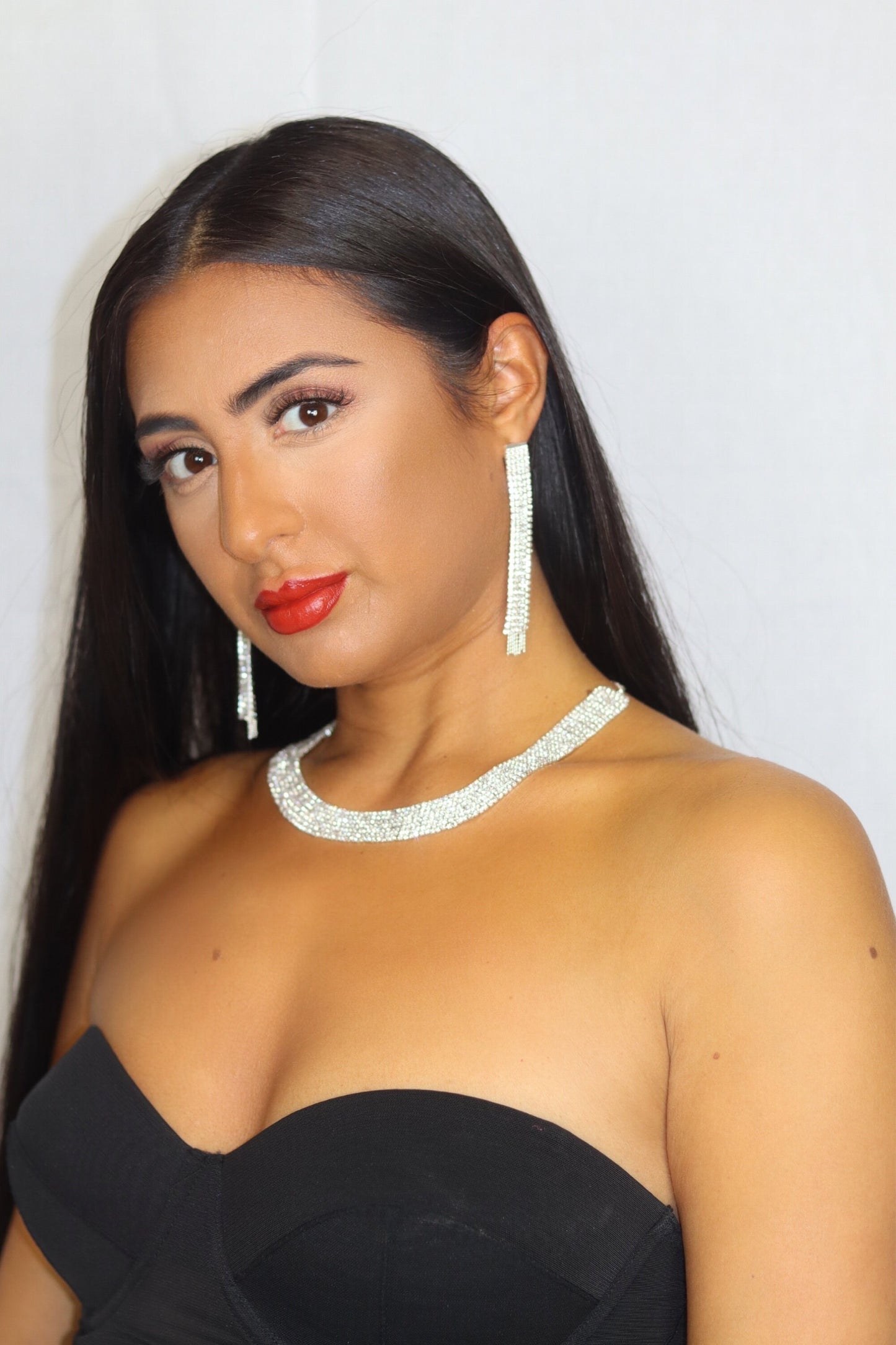 Silver Rhinestone Dangle Tassel Earrings