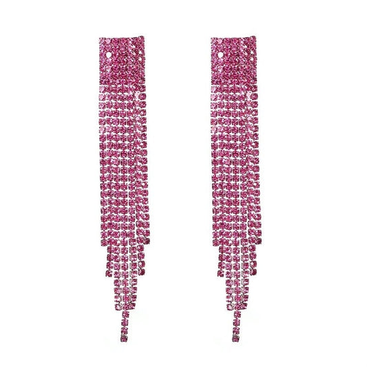 Pink Rhinestone Dangle Tassel Earrings