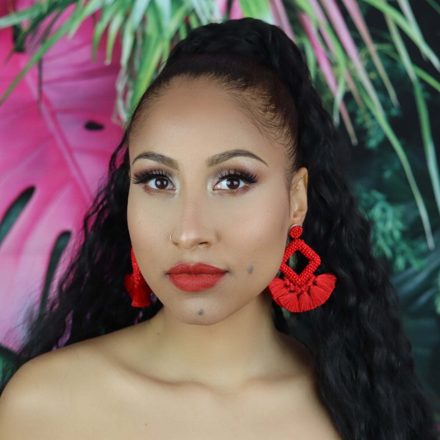 Red Handmade Woven Tassel Earrings