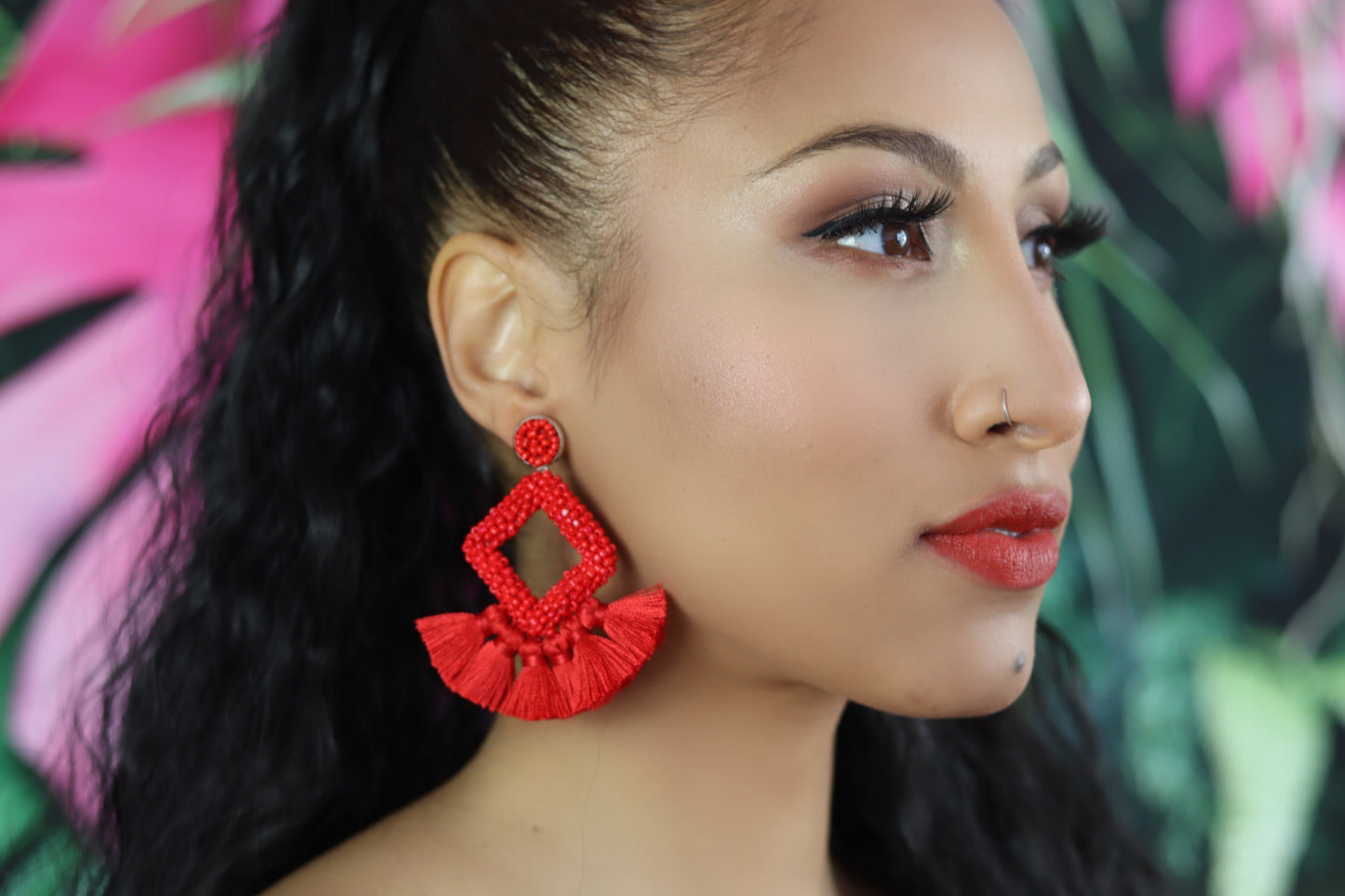 Red Handmade Woven Tassel Earrings