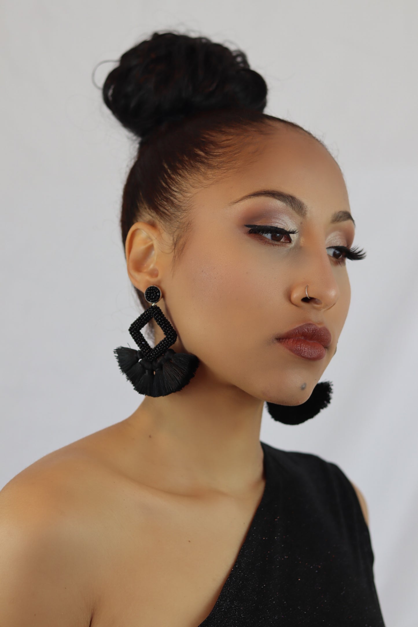 Black Handmade Woven Tassel Earrings
