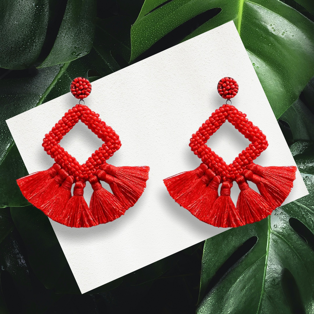 Red Handmade Woven Tassel Earrings