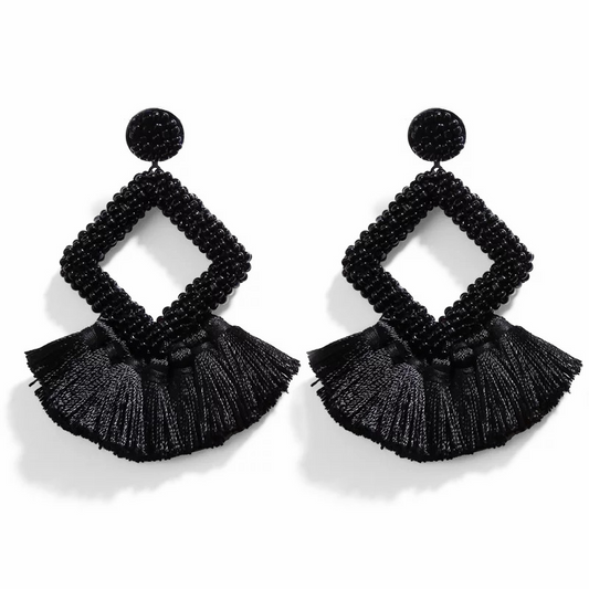 Black Handmade Woven Tassel Earrings