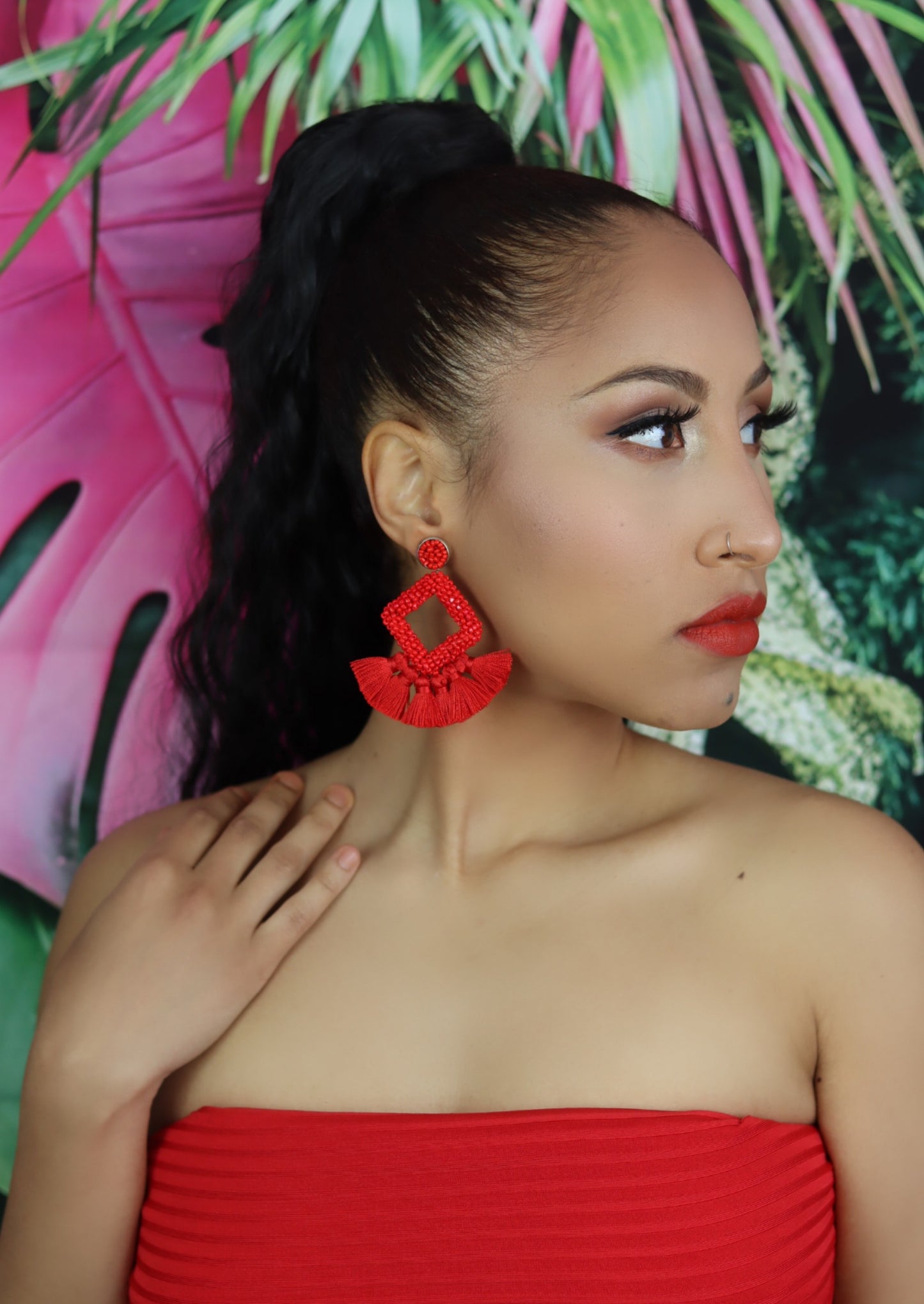 Red Handmade Woven Tassel Earrings