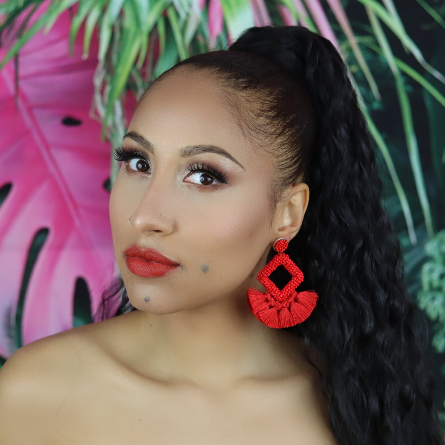 Red Handmade Woven Tassel Earrings