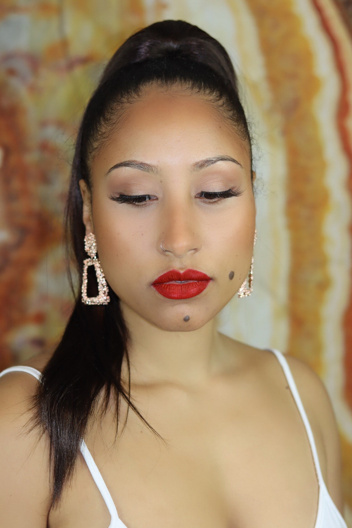 Rose Gold Textured Rectangle Chunky Dropdown Earrings