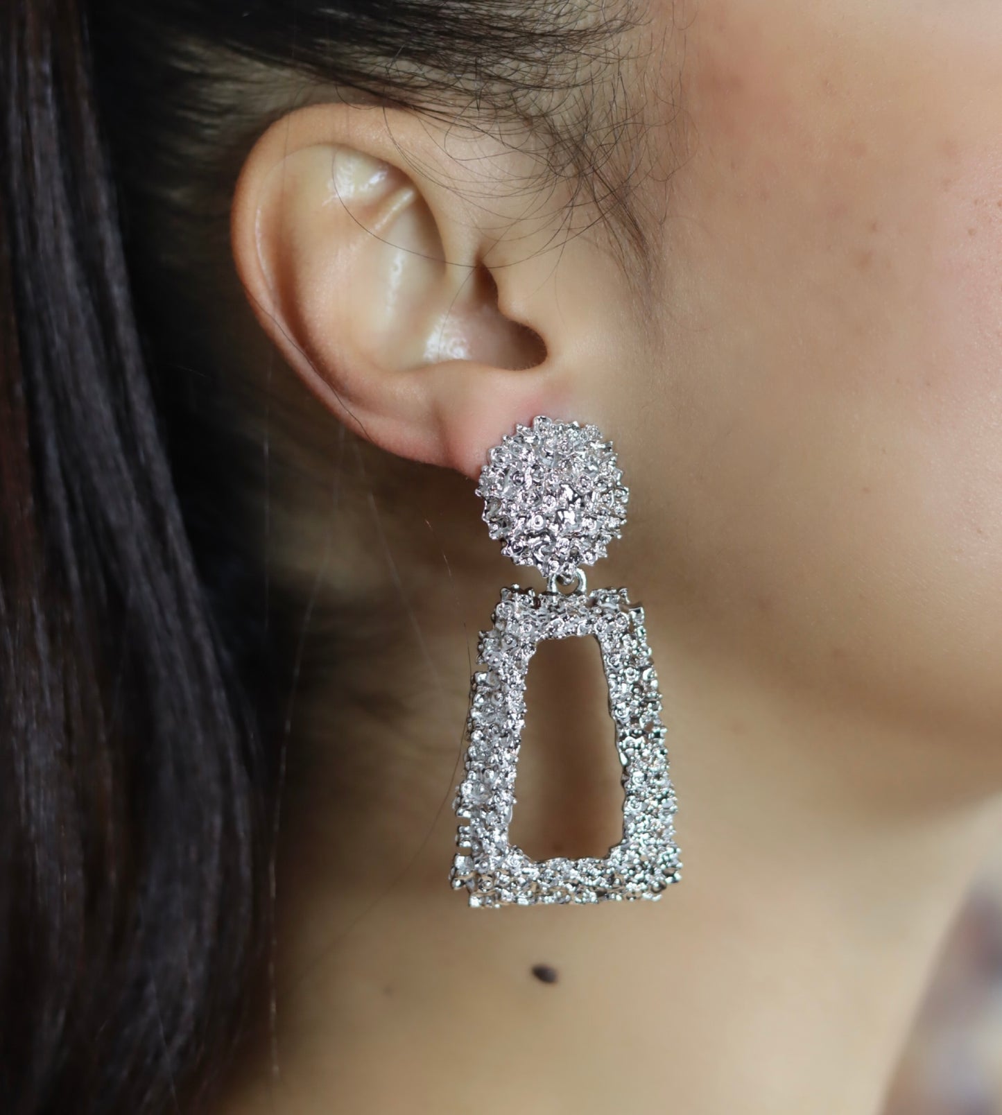 Silver Rectangle Chunky Dropdown Earrings