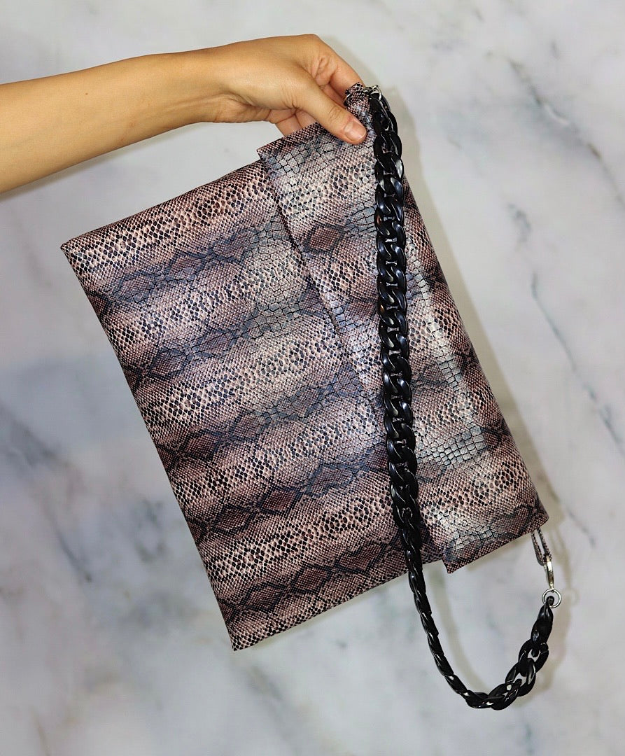Brown Snake Print Clutch Bag