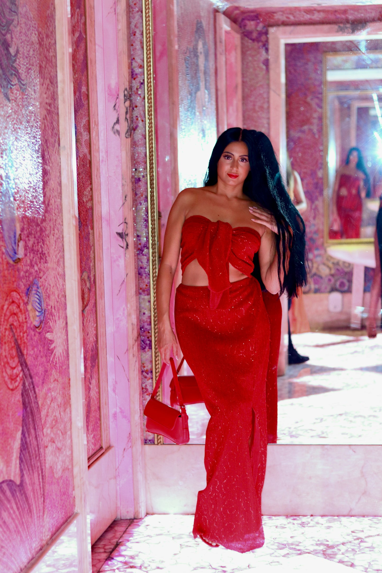 Handmade Red Long Sequin Skirt With Slit