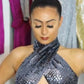 Purple Sequin Twist Front Halterneck Crop Top