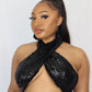 Sequin Twist Front Halterneck Crop Top