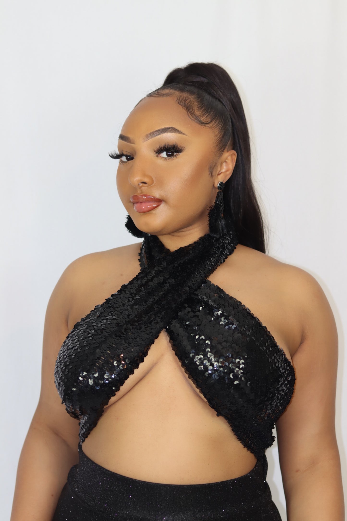 Sequin Twist Front Halterneck Crop Top